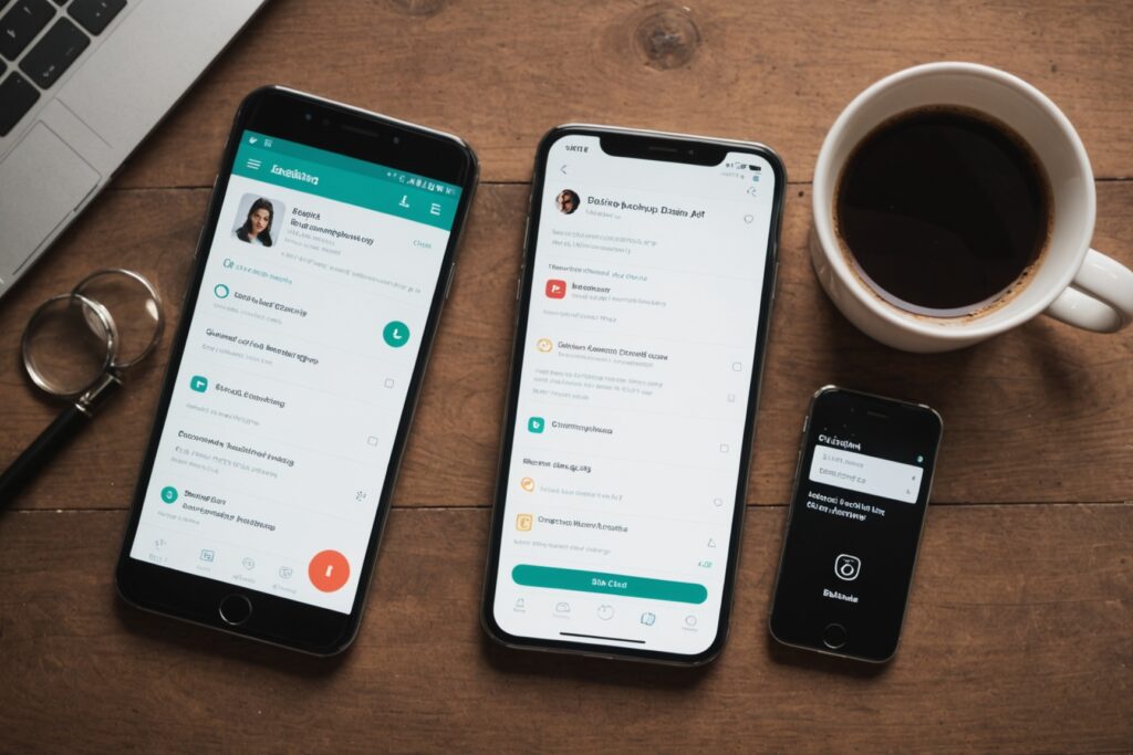 Smartphone affichant une application de rencontre à côté d'une loupe, illustration d'un comparatif de sites de rencontre