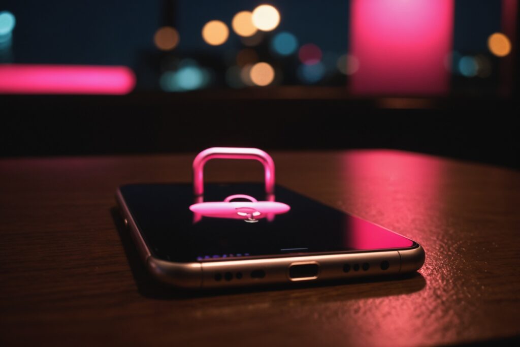 Smartphone avec icône de cadenas lumineux symbolisant la sécurité sur un site de rencontre coquine