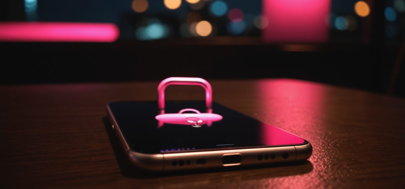 Smartphone avec icône de cadenas lumineux symbolisant la sécurité sur un site de rencontre coquine