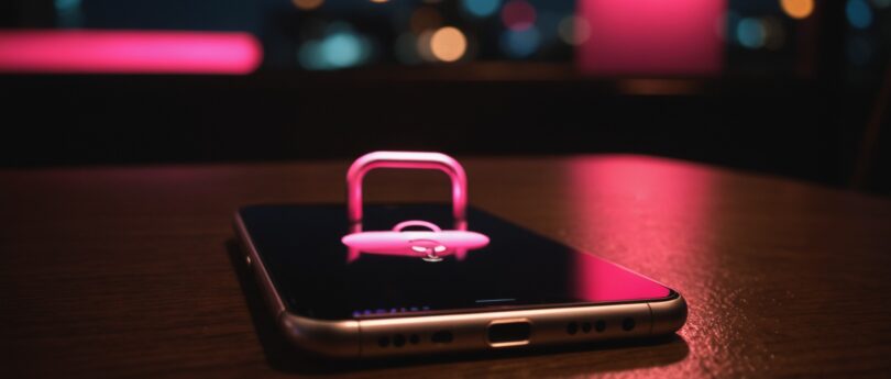 Smartphone avec icône de cadenas lumineux symbolisant la sécurité sur un site de rencontre coquine