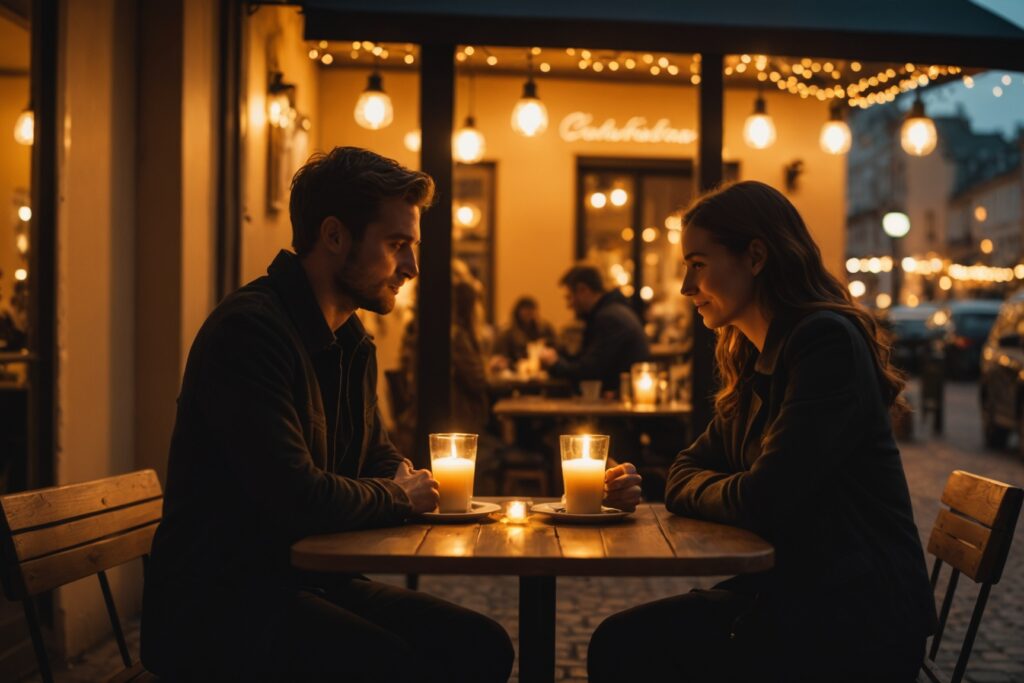 Deux silhouettes attablées lors d'un rendez-vous romantique en soirée, lumières chaleureuses