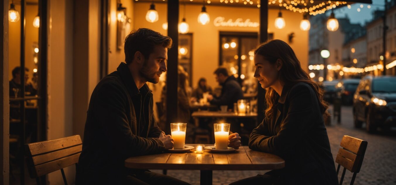 Deux silhouettes attablées lors d'un rendez-vous romantique en soirée, lumières chaleureuses