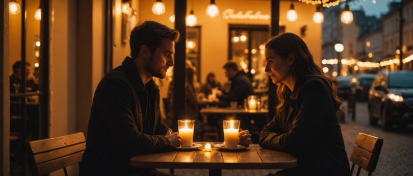 Deux silhouettes attablées lors d'un rendez-vous romantique en soirée, lumières chaleureuses