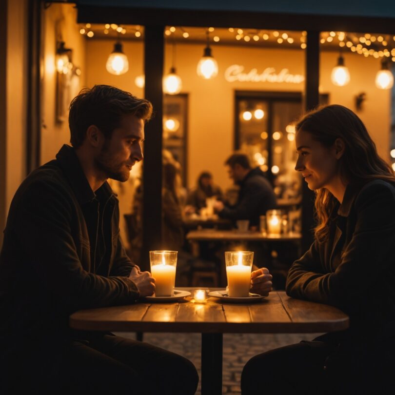 Deux silhouettes attablées lors d'un rendez-vous romantique en soirée, lumières chaleureuses