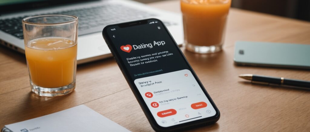 Smartphone affichant un abonnement d'application de rencontre sur un bureau