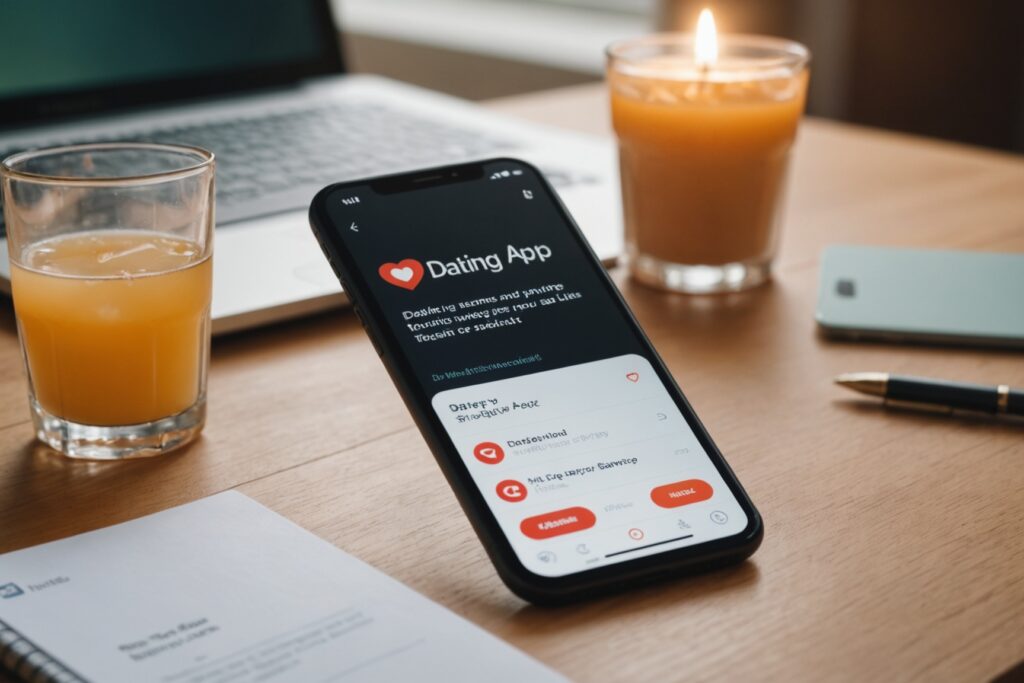 Smartphone affichant un abonnement d'application de rencontre sur un bureau