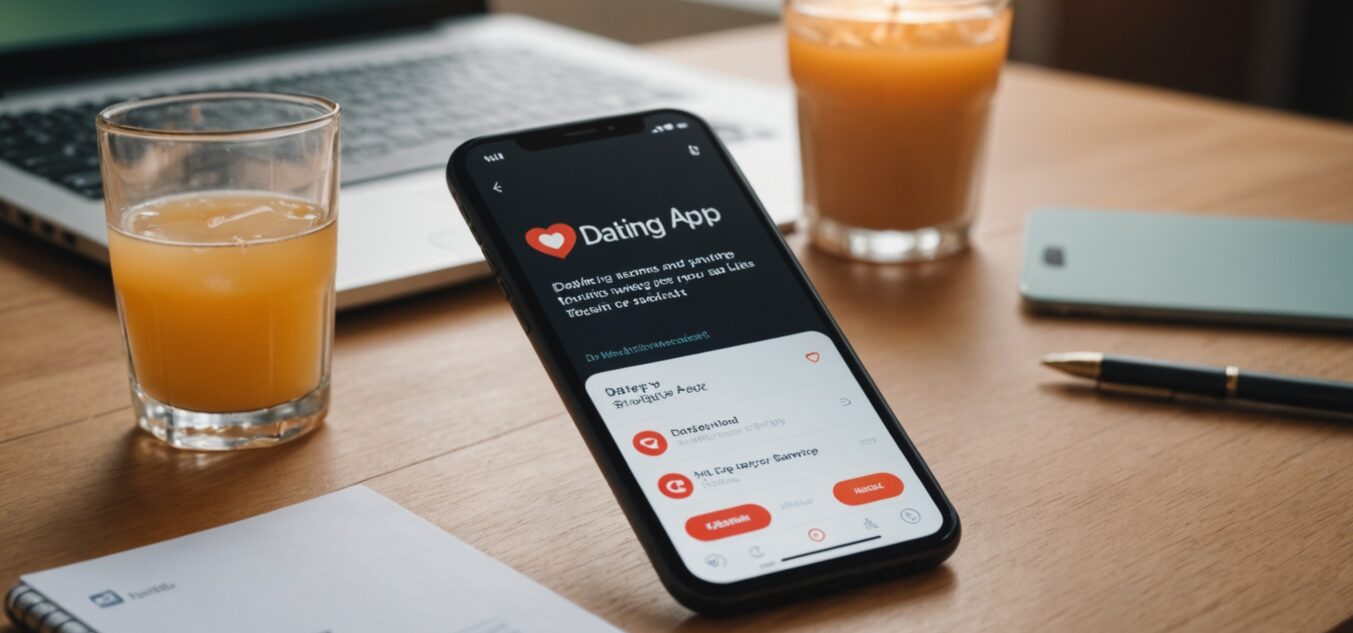 Smartphone affichant un abonnement d'application de rencontre sur un bureau