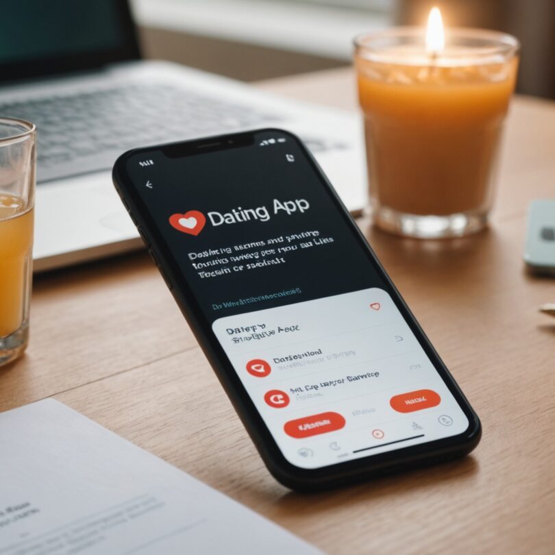 Smartphone affichant un abonnement d'application de rencontre sur un bureau