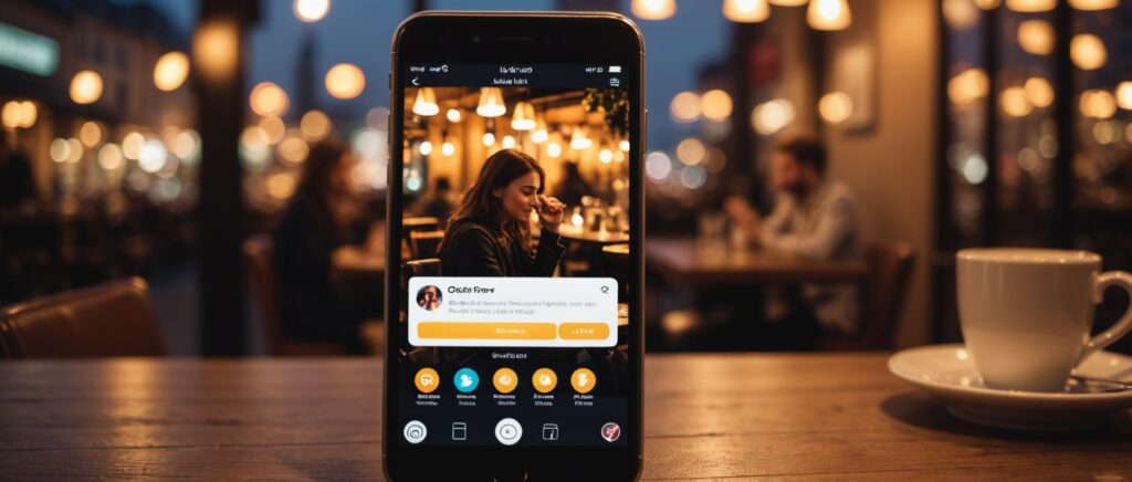 Smartphone affichant une application de rencontre sur une table de café, ambiance romantique