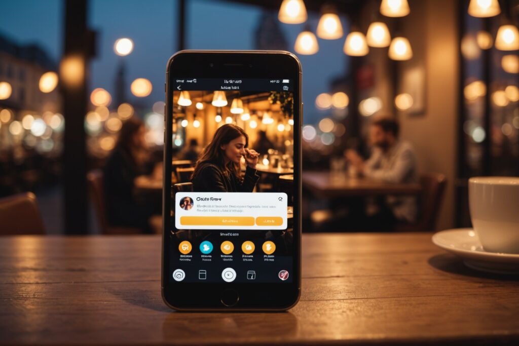 Smartphone affichant une application de rencontre sur une table de café, ambiance romantique