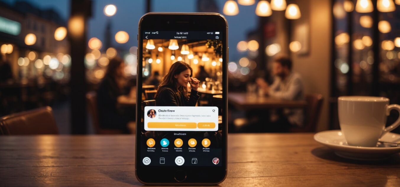 Smartphone affichant une application de rencontre sur une table de café, ambiance romantique