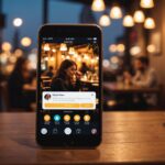 Smartphone affichant une application de rencontre sur une table de café, ambiance romantique