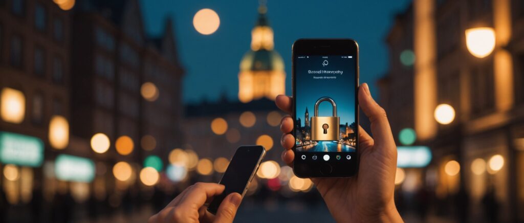 Femme tenant un smartphone avec une icône de cadenas symbolisant la confidentialité, ambiance lifestyle discrète