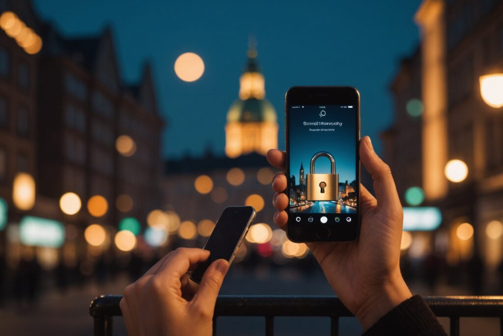 Femme tenant un smartphone avec une icône de cadenas symbolisant la confidentialité, ambiance lifestyle discrète