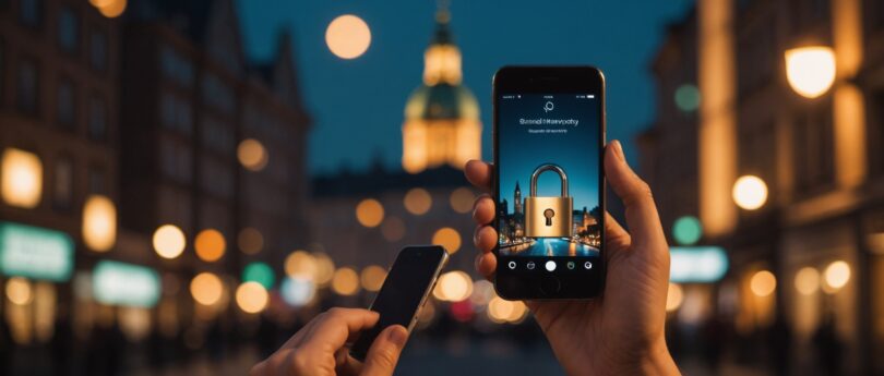 Femme tenant un smartphone avec une icône de cadenas symbolisant la confidentialité, ambiance lifestyle discrète