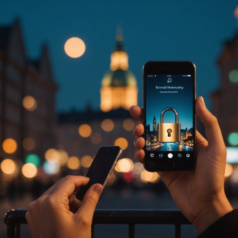 Femme tenant un smartphone avec une icône de cadenas symbolisant la confidentialité, ambiance lifestyle discrète