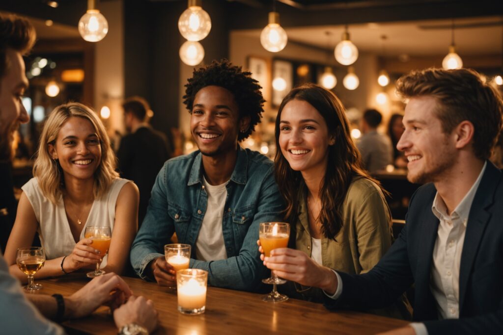 Groupe de jeunes adultes souriants lors d'un afterwork organisé pour célibataires