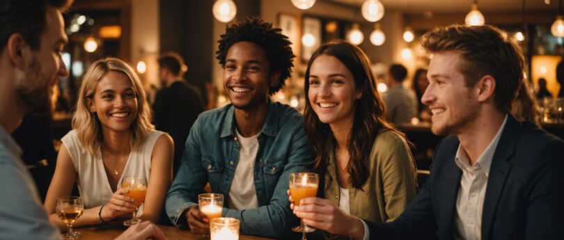 Groupe de jeunes adultes souriants lors d'un afterwork organisé pour célibataires