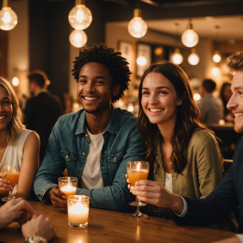 Groupe de jeunes adultes souriants lors d'un afterwork organisé pour célibataires