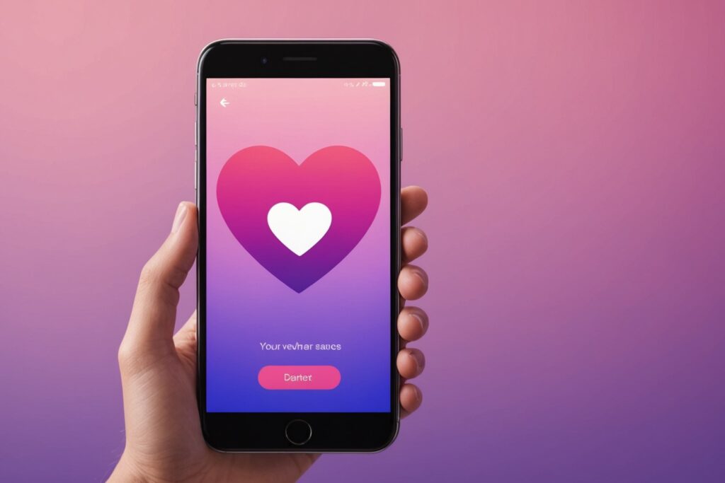 Smartphone affichant une icône coeur, illustration abonnement application de rencontre