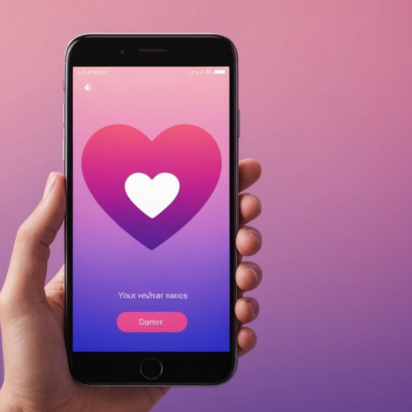 Smartphone affichant une icône coeur, illustration abonnement application de rencontre