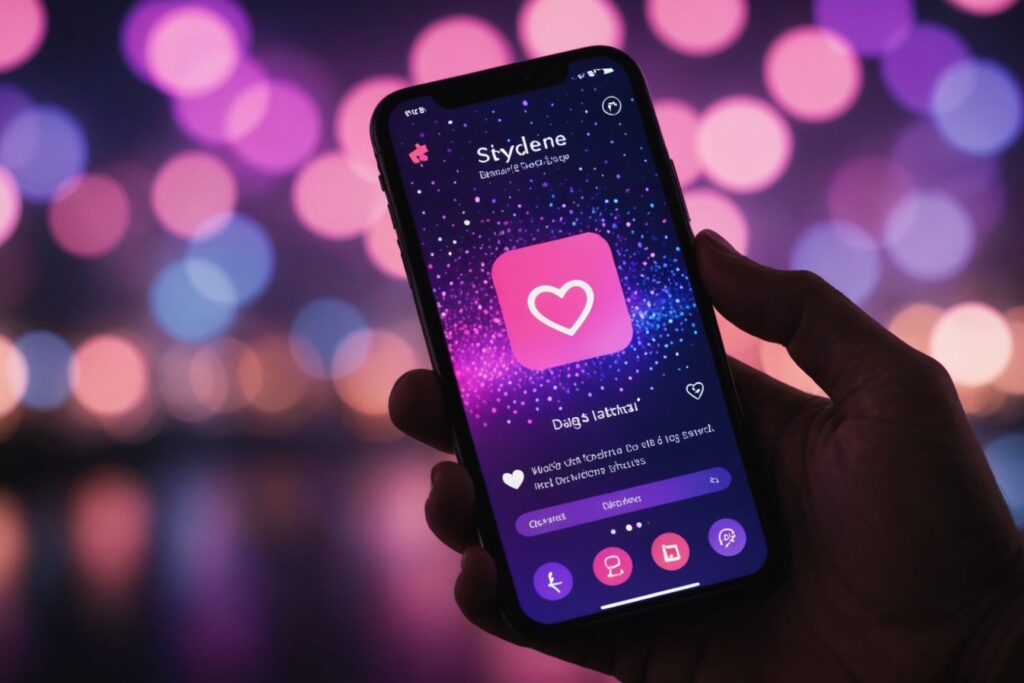 Smartphone affichant une application de rencontre avec des lumières roses et violettes