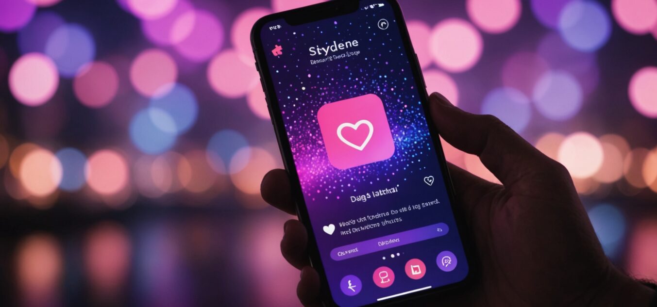 Smartphone affichant une application de rencontre avec des lumières roses et violettes