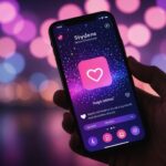 Smartphone affichant une application de rencontre avec des lumières roses et violettes