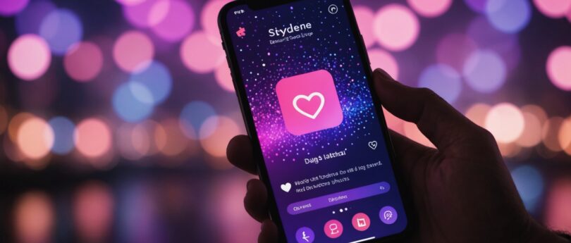 Smartphone affichant une application de rencontre avec des lumières roses et violettes
