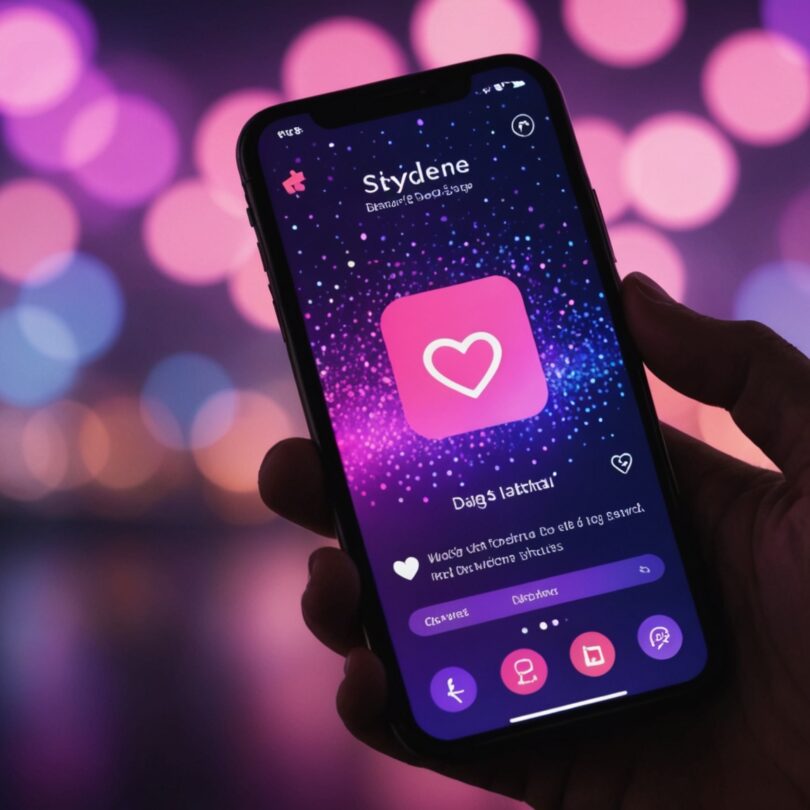 Smartphone affichant une application de rencontre avec des lumières roses et violettes