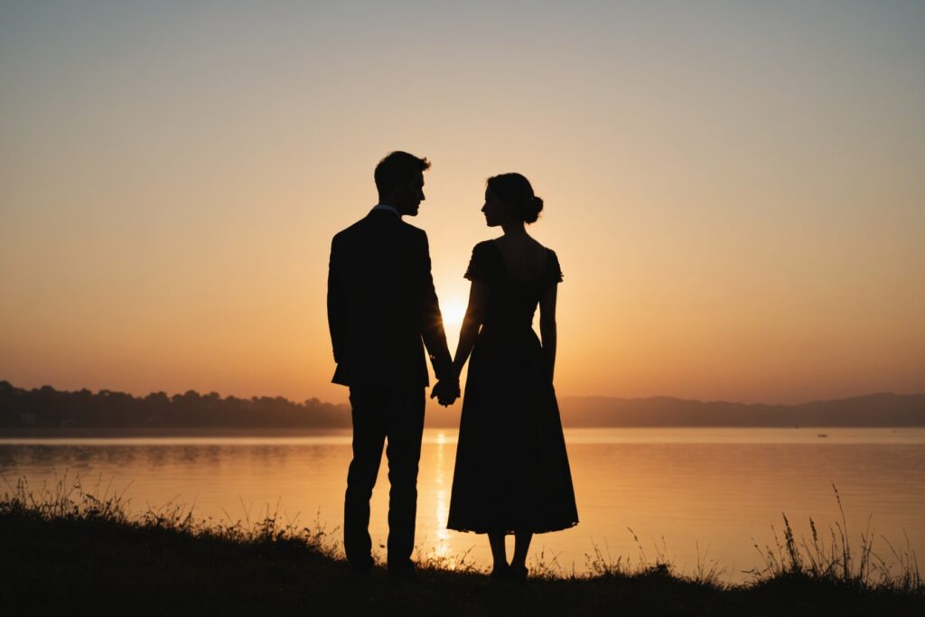 Couple romantique au coucher de soleil, illustration rencontre coquine