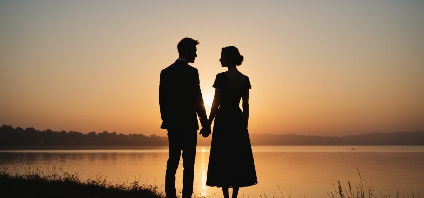 Couple romantique au coucher de soleil, illustration rencontre coquine