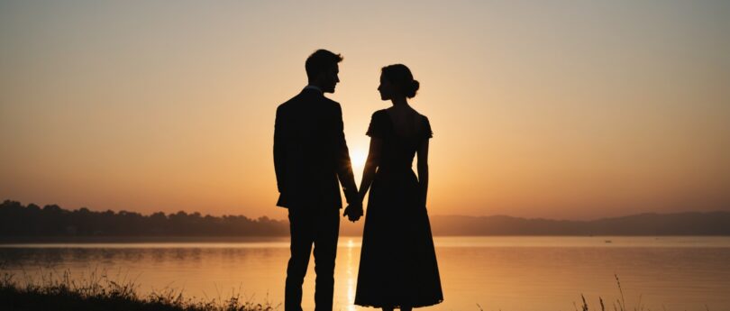 Couple romantique au coucher de soleil, illustration rencontre coquine