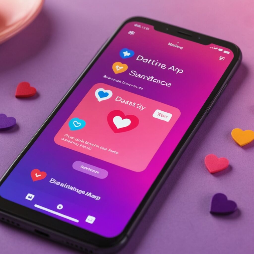 Smartphone affichant une interface d'application de rencontre, ambiance rose et violette
