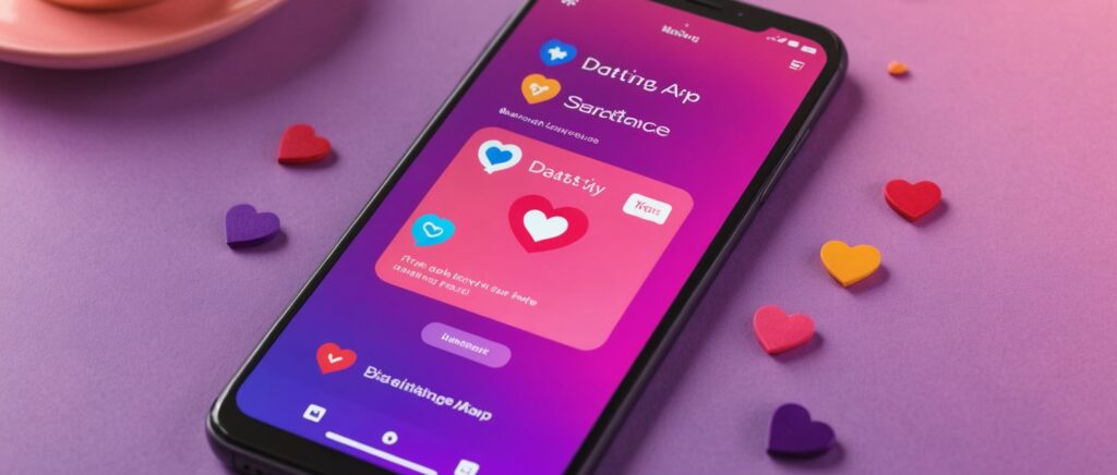 Smartphone affichant une interface d'application de rencontre, ambiance rose et violette