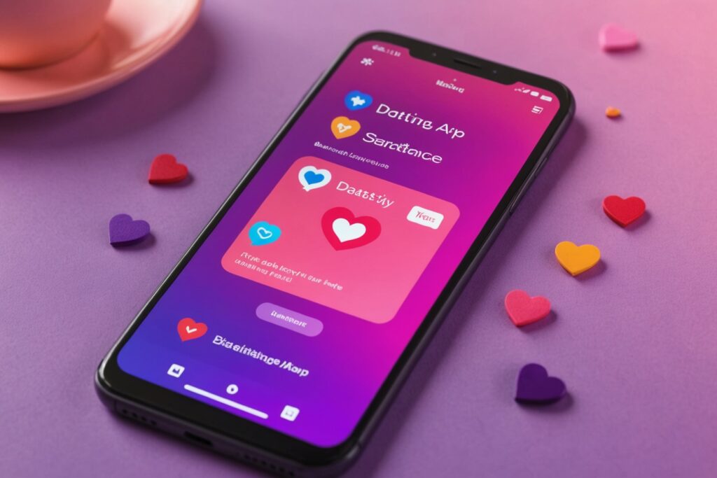 Smartphone affichant une interface d'application de rencontre, ambiance rose et violette
