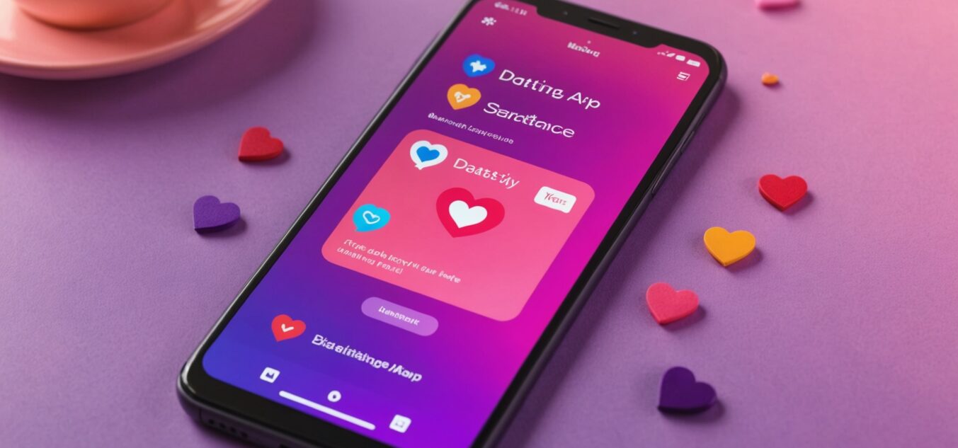 Smartphone affichant une interface d'application de rencontre, ambiance rose et violette