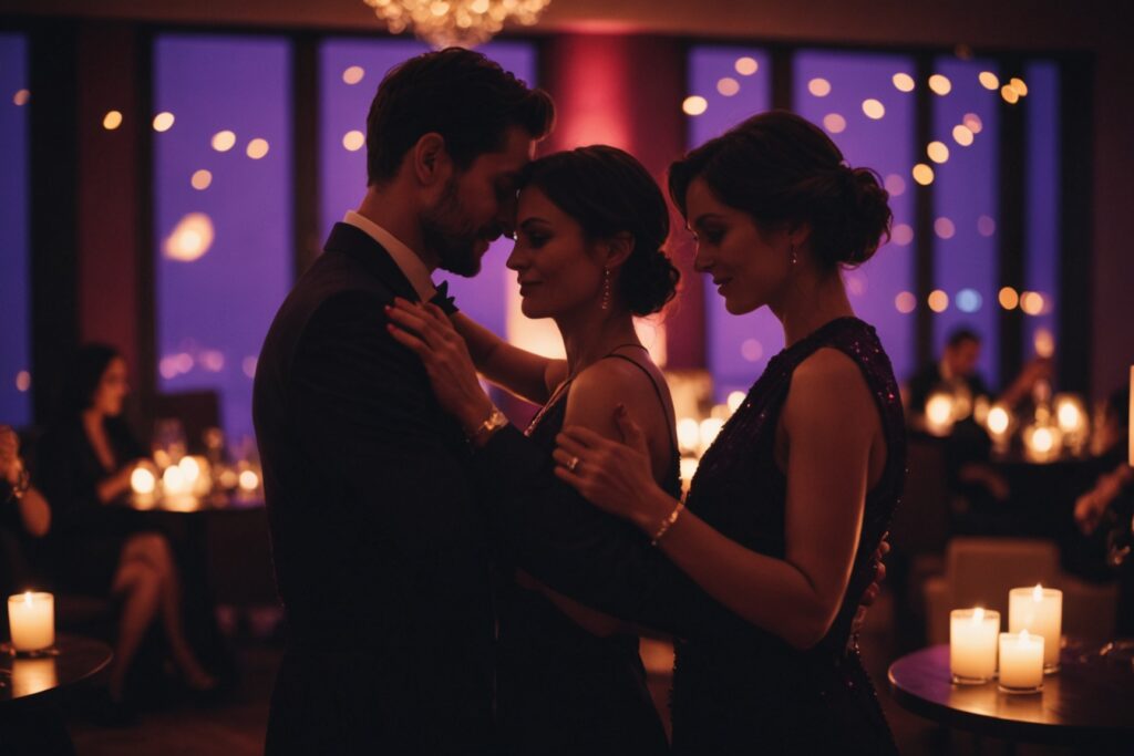 Silhouettes de couples dans une ambiance tamisée évoquant une soirée libertine