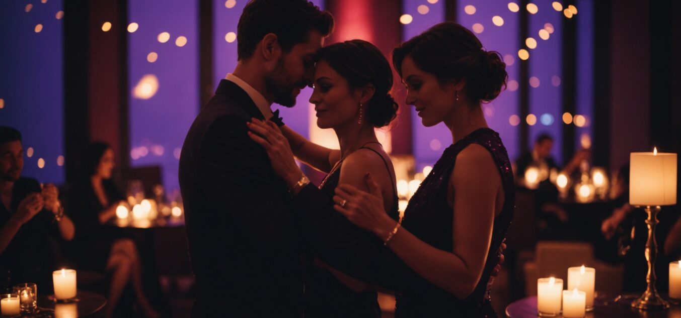 Silhouettes de couples dans une ambiance tamisée évoquant une soirée libertine