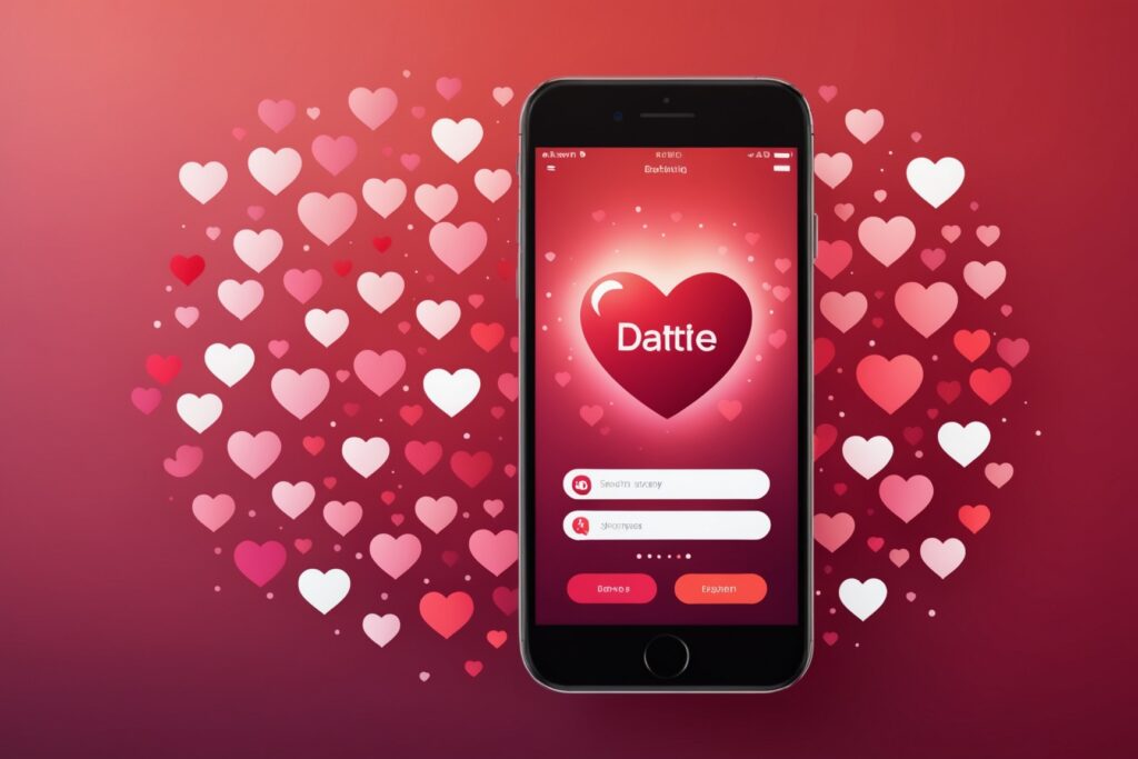 Smartphone affichant une application de rencontre, ambiance romantique rouge et rose
