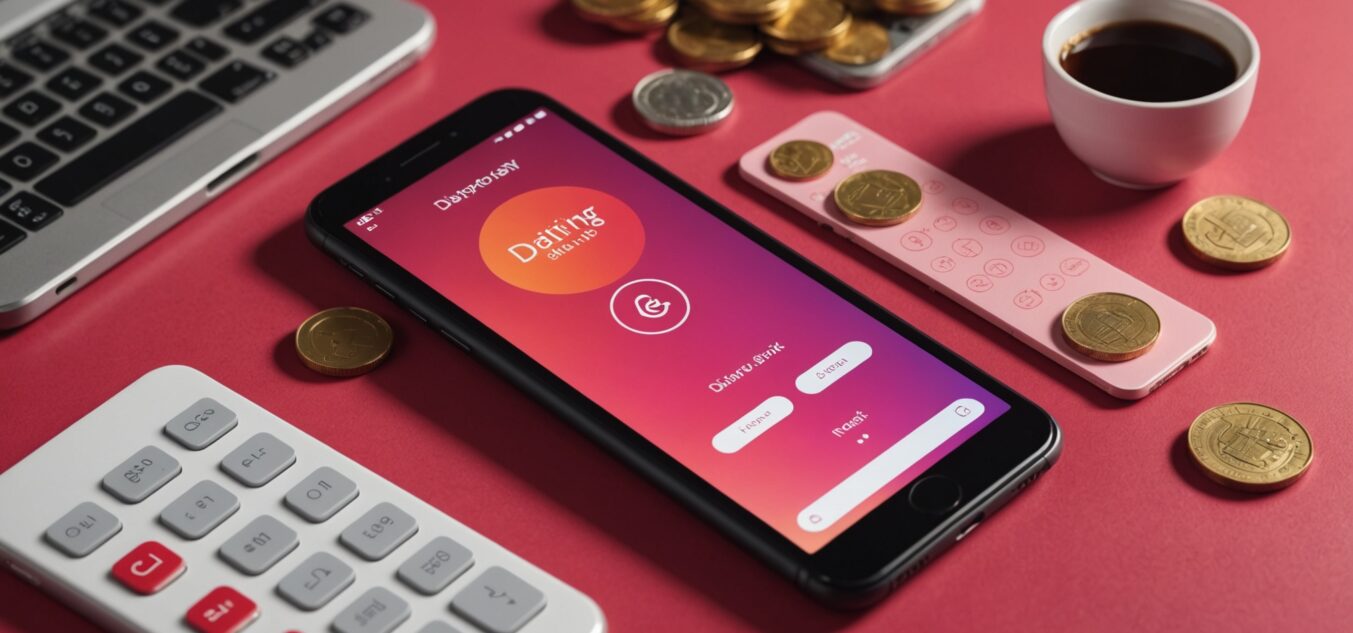 Illustration générée par IA d'un smartphone avec une application de rencontre, des pièces et une calculatrice, symbolisant le budget d'une application de rencontre hot