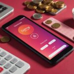 Illustration générée par IA d'un smartphone avec une application de rencontre, des pièces et une calculatrice, symbolisant le budget d'une application de rencontre hot