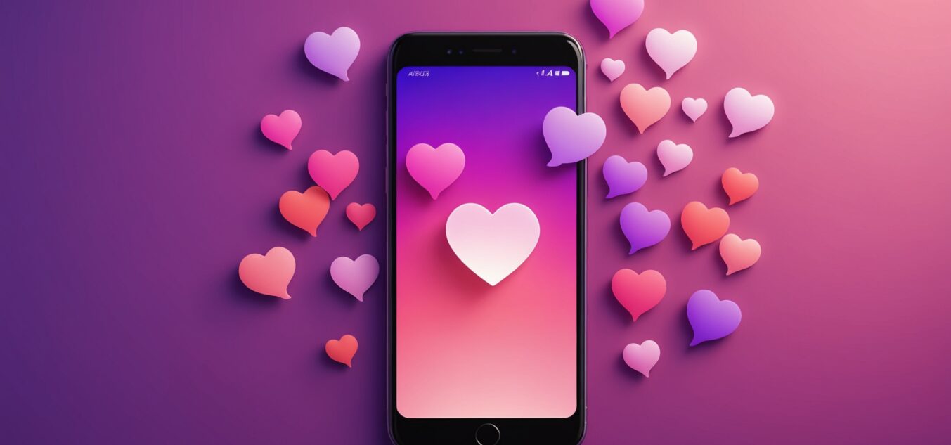 Illustration generee par IA d'un smartphone avec des icones de coeur et de messagerie, symbolisant l'IA sur les applications de rencontre