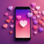 Illustration generee par IA d'un smartphone avec des icones de coeur et de messagerie, symbolisant l'IA sur les applications de rencontre