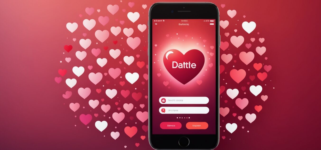 Smartphone affichant une application de rencontre, ambiance romantique rouge et rose