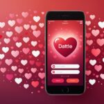 Smartphone affichant une application de rencontre, ambiance romantique rouge et rose