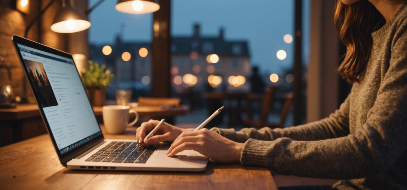 Personne rédigeant son profil sur un site de rencontre, ambiance chaleureuse