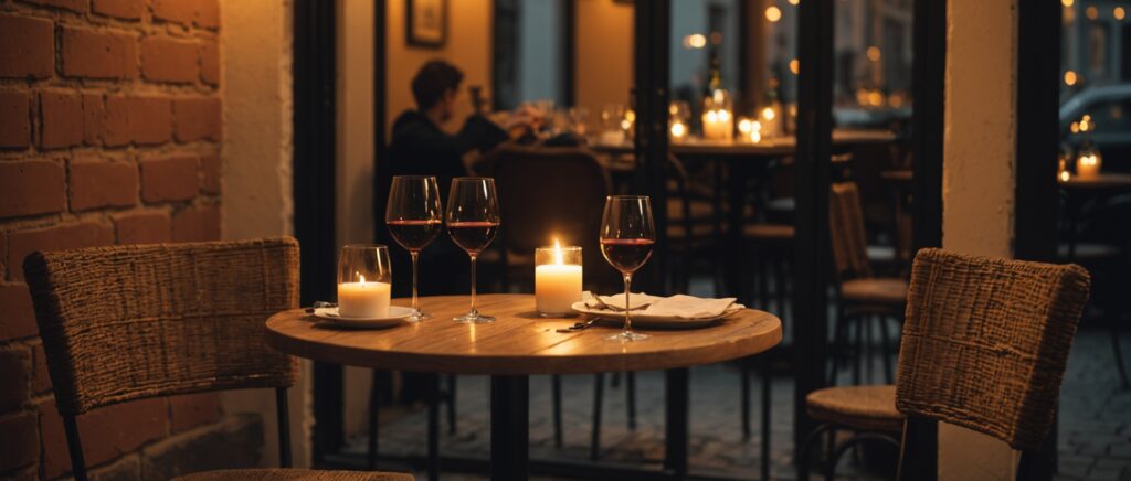 Illustration générée par IA d'une table de café romantique en soirée, symbole d'un premier rendez-vous discret