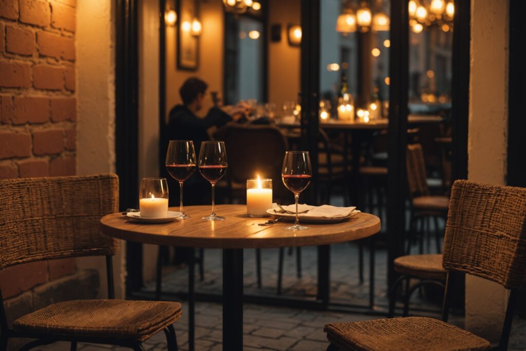 Illustration générée par IA d'une table de café romantique en soirée, symbole d'un premier rendez-vous discret