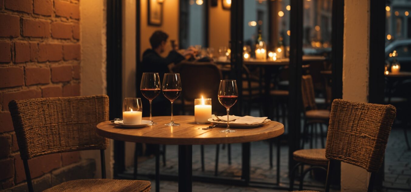 Illustration générée par IA d'une table de café romantique en soirée, symbole d'un premier rendez-vous discret